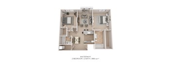 A 2 bedroom, 2 bathroom apartment with a total of 988 square feet.
