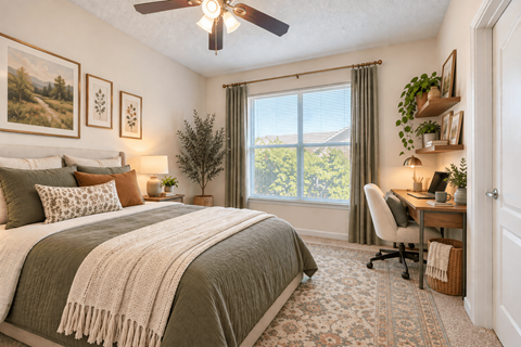 A bedroom with a large bed and a desk with a chair.