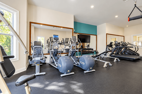 A spacious home gym with a variety of exercise equipment.