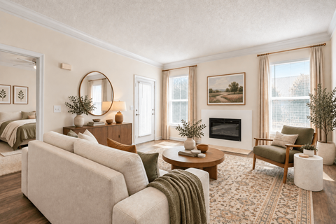 A living room with a fireplace and a painting on the wall.