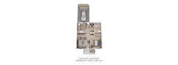 a 3D floor plan of a 1 bedroom apartment with a bathroom and a garage