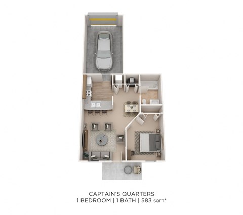 a 3D floor plan of a 1 bedroom apartment with a bathroom and a garage