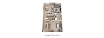 a 3D floor plan of a 1 bedroom apartment with a bathroom