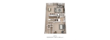a 3D floor plan of a 1 bedroom apartment with a bathroom