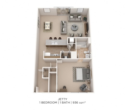 a 3D floor plan of a 1 bedroom apartment with a bathroom