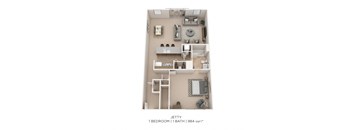 a 3D floor plan of a 1 bedroom apartment with a bathroom