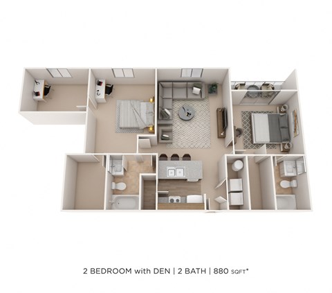 2 bedroom 2 bath with den 3D floorplan