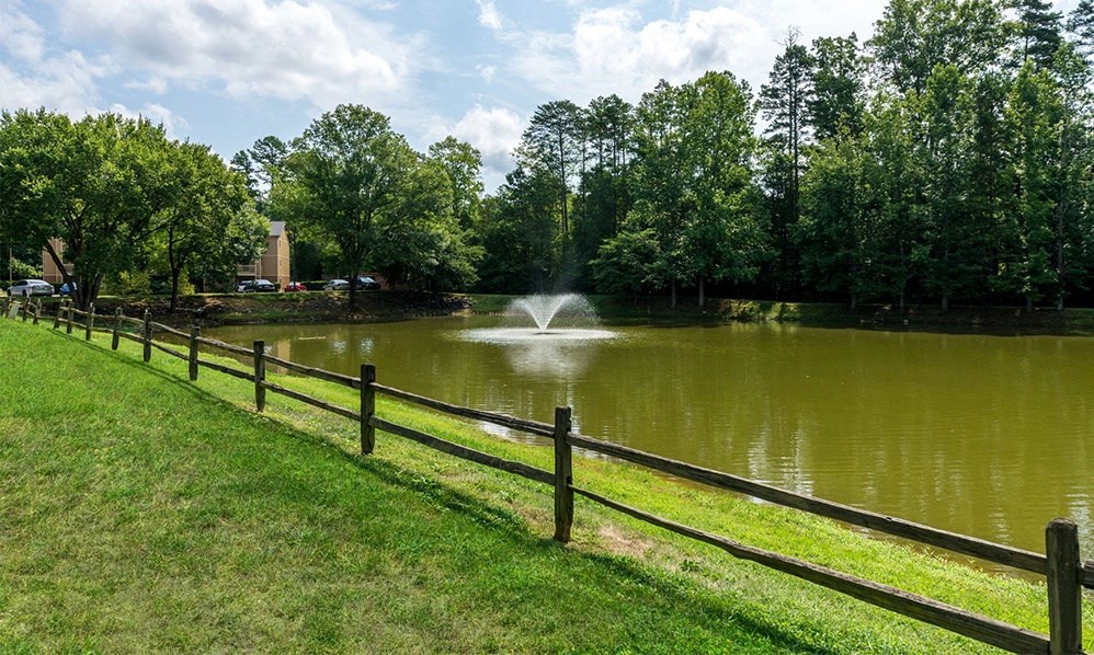 a fountain in the middle of a pond with a fence