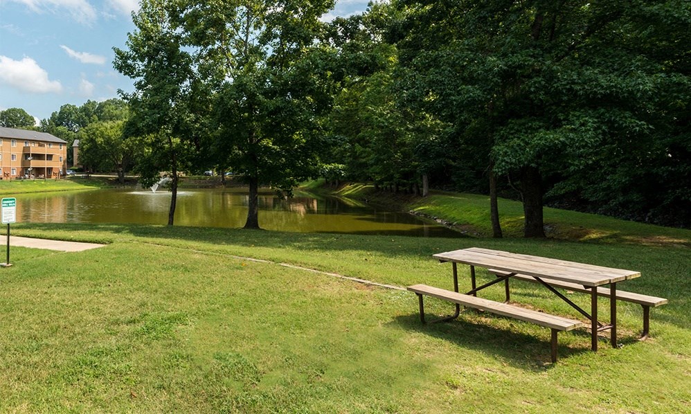 a picnic table in a park next to a body of water