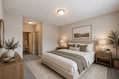 A bedroom with a large bed, nightstands, and a plant.