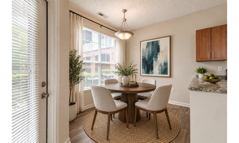 A dining room with a round table and chairs.