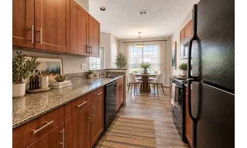 A kitchen with wooden cabinets and a black refrigerator.