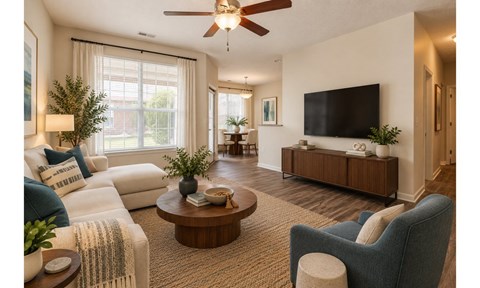 A living room with a white couch, a blue armchair, and a wooden coffee table.