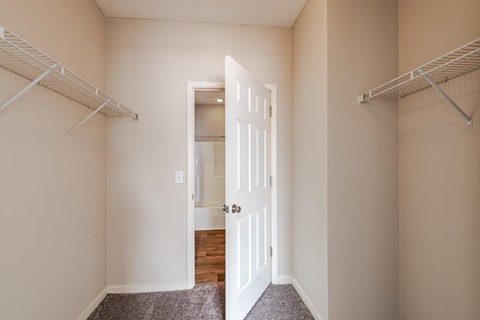 A hallway with a white door and a mirror on the wall.
