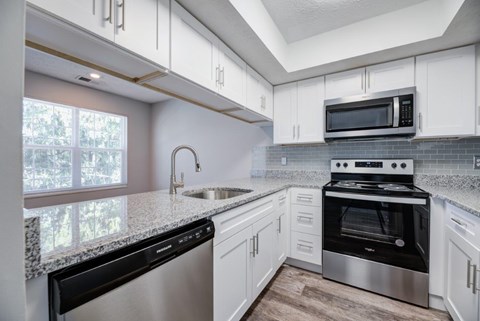 A modern kitchen with white cabinets and stainless steel appliances.