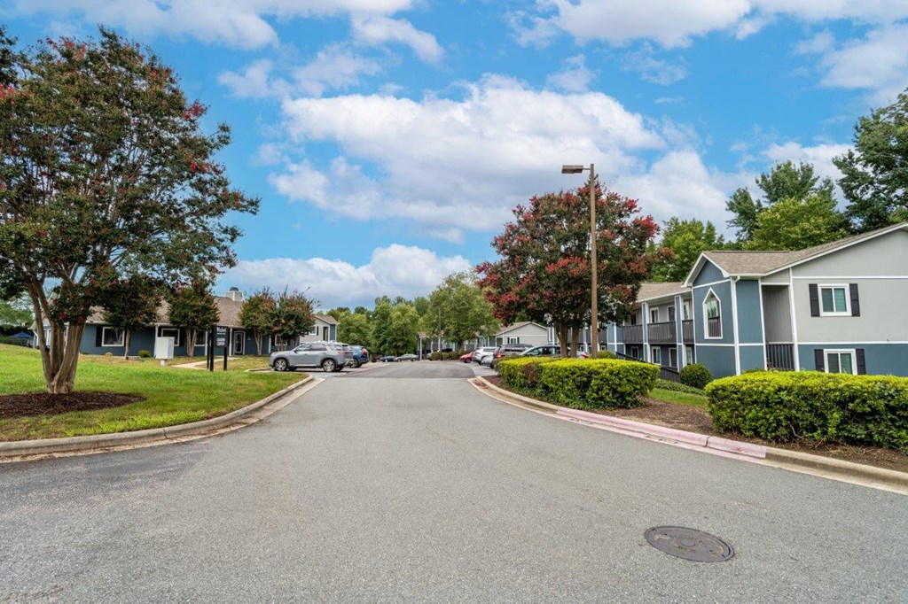 A street view of a residential area with houses on both sides and a car parked on the street.