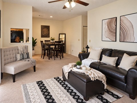 A living room with a grey sofa, a black leather couch, a dining table with chairs, and a rug on the floor.