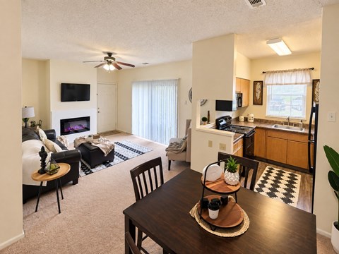 A living room with a television, a couch, a chair, and a dining table.