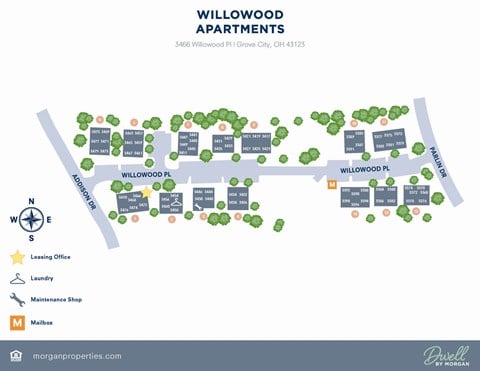 A map of Willowood Apartments with various locations marked.