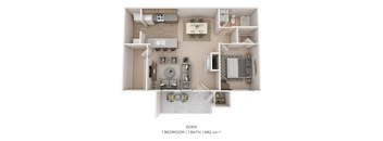 A 1 bedroom 1 bathroom apartment is 682 square feet.
