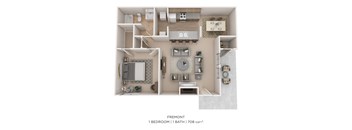 A diagram of a one bedroom apartment with a bathroom.