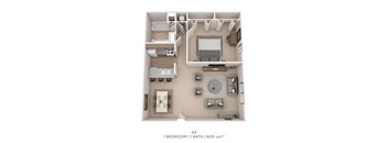 A 2 bedroom apartment with 1 bathroom and 600 sqft.
