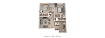 A 2 bedroom apartment with 2 bathrooms and a total area of 800 sqft is displayed.