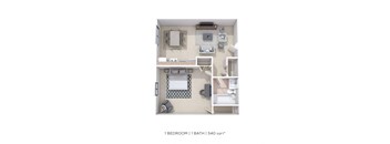3D floorplan image for a Jr one bedroom apartment