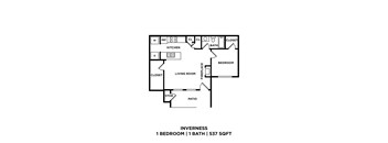 A black and white diagram of a one bedroom apartment.