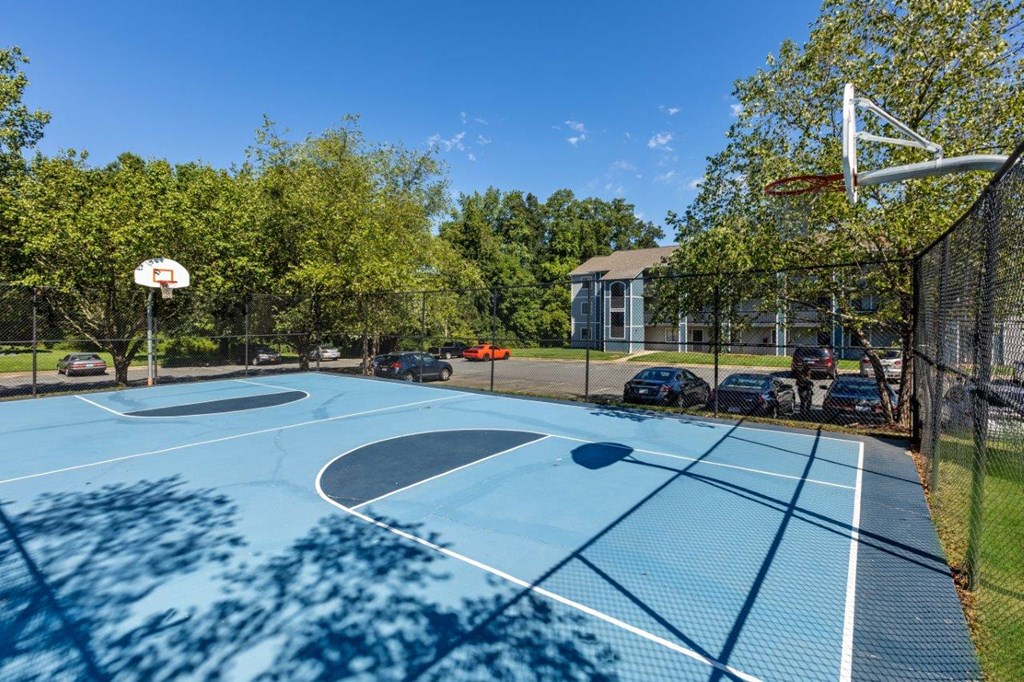 the basketball court is equipped with a basketball hoop and a net