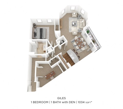 a floor plan of 1 bedroom with 1 bath with giles 1120 sqft