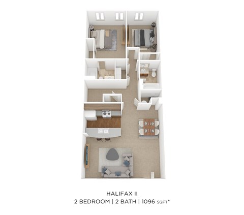 A floor plan of a 2 bedroom, 2 bathroom apartment with a total of 1096 square feet.