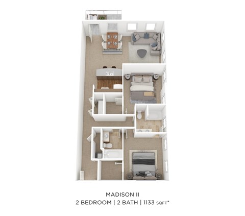 A floor plan of a 2 bedroom, 2 bathroom apartment that is 1133 sqft.