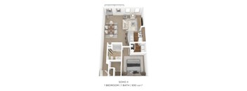a 1 bedroom floorplan with a bathroom and a living room