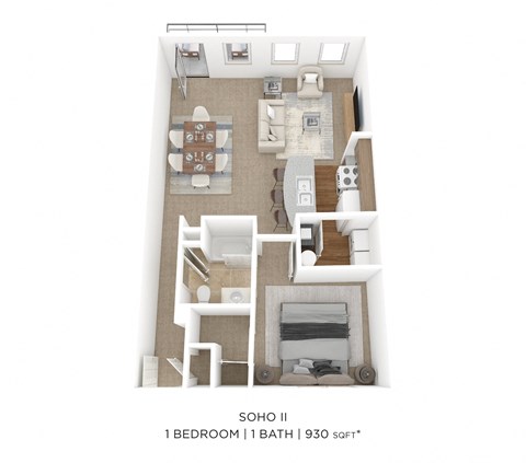 a 1 bedroom floorplan with a bathroom and a living room