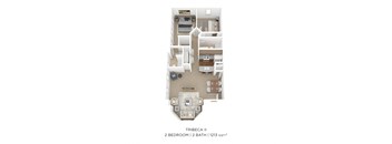 a stylized floor plan of a 2 bedroom unit with a bathroom