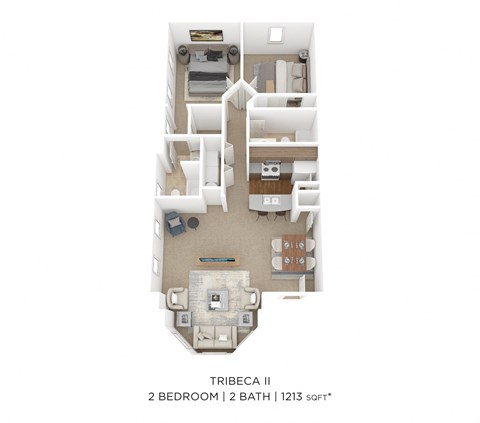 a stylized floor plan of a 2 bedroom unit with a bathroom