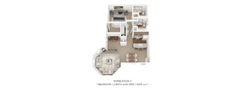 a stylized floor plan of a 1 bedroom 1 bath with den