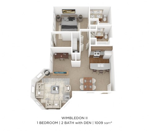 a stylized floor plan of a 1 bedroom 1 bath with den