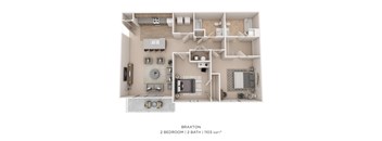 A 2 bedroom, 2 bathroom apartment with a total of 1103 square feet.