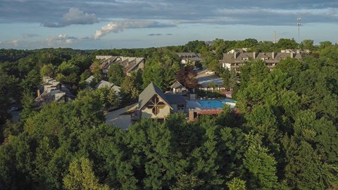 A bird's eye view of a residential area surrounded by trees.