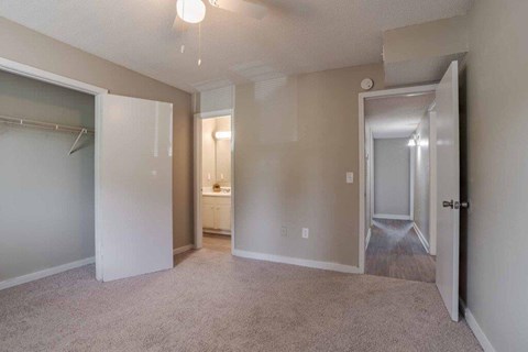 A room with a carpeted floor and a closet with a mirror.