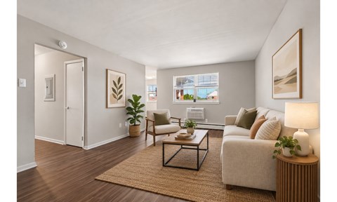 A living room with a couch, chair, and potted plant.
