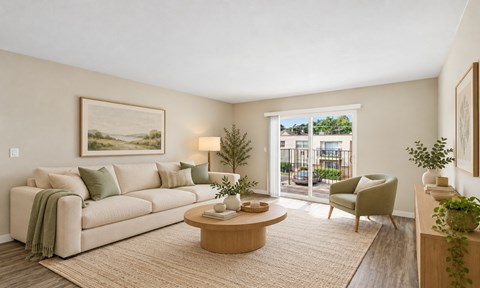 A living room with a couch, chair, and potted plant.