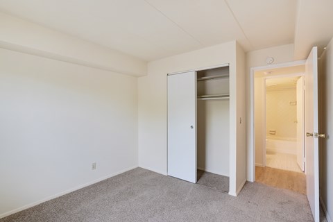 Carpeted bedroom with closet