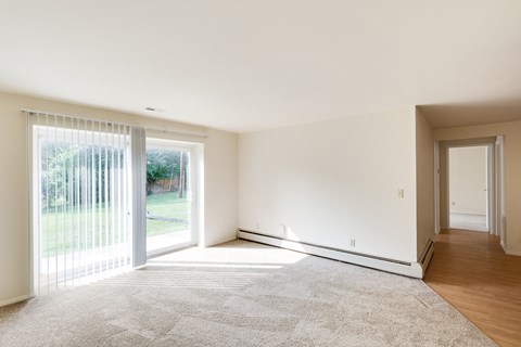 A room with a carpeted floor and a sliding glass door.