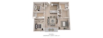 A 3 bedroom, 2 bathroom apartment with a total area of 1235 square feet.
