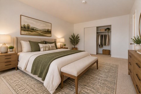 A bedroom with a large bed and a painting on the wall.