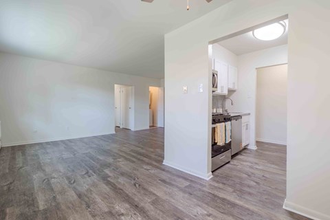 A kitchen area with a counter and cabinets.