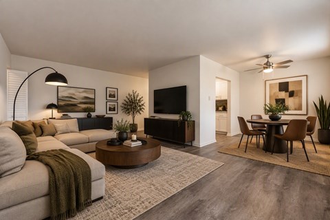 A modern living room with a grey sofa, a wooden coffee table, and a television.